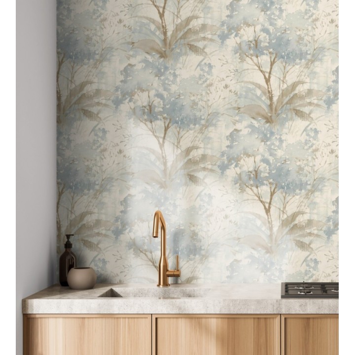 Papel pintado vestigio botánico sepia hojas de acuarela en tonos azul - Sienna Woodland 683934