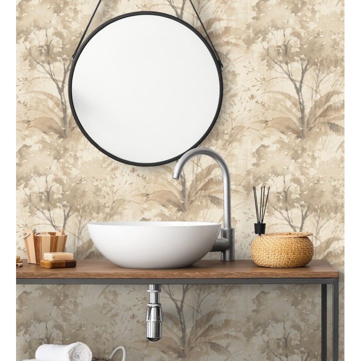 Papel pintado vestigio botánico sepia hojas de acuarela en tonos tierra - Sienna Woodland 683935