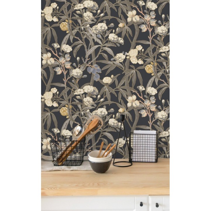 Papel pintado de hojas con flores y frutos - Kendra Bloom 126395