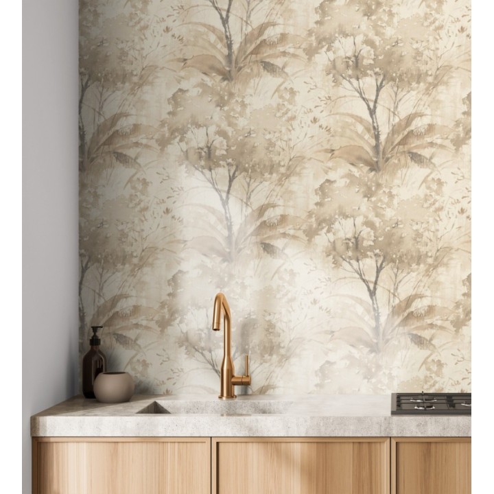 Papel pintado vestigio botánico sepia hojas de acuarela en tonos tierra - Sienna Woodland 683935
