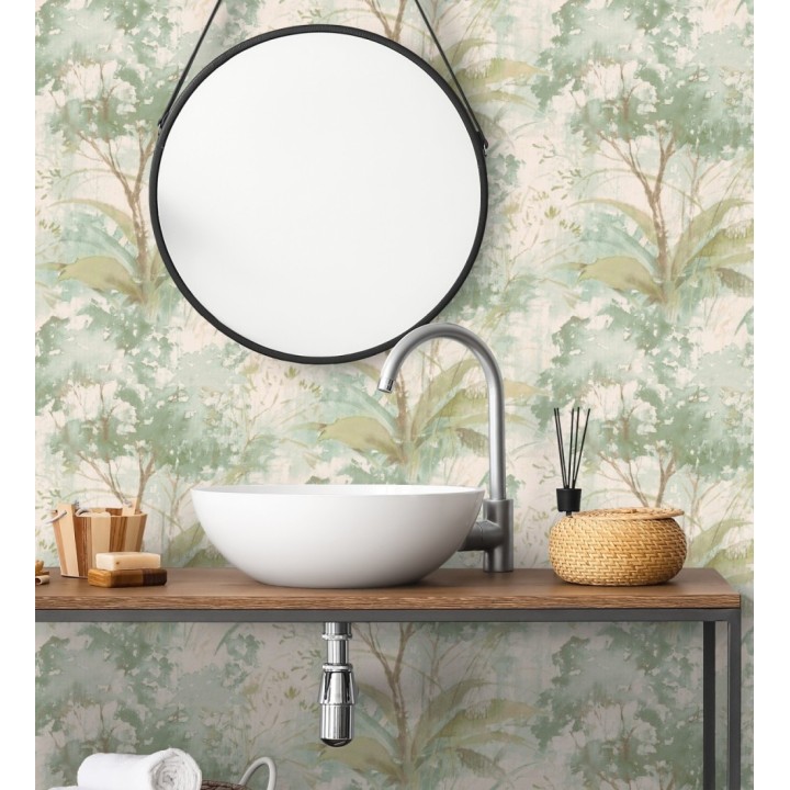 Papel pintado vestigio botánico sepia hojas de acuarela en tonos verdes - Sienna Woodland 683936