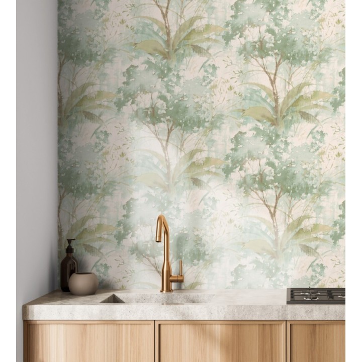 Papel pintado vestigio botánico sepia hojas de acuarela en tonos verdes - Sienna Woodland 683936