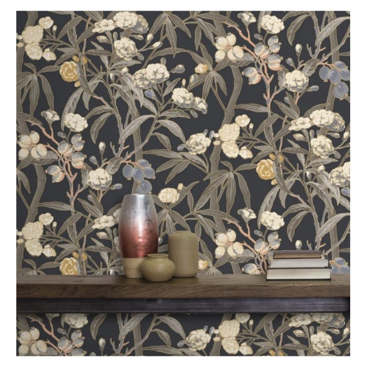 Papel pintado de hojas con flores y frutos - Kendra Bloom 126395