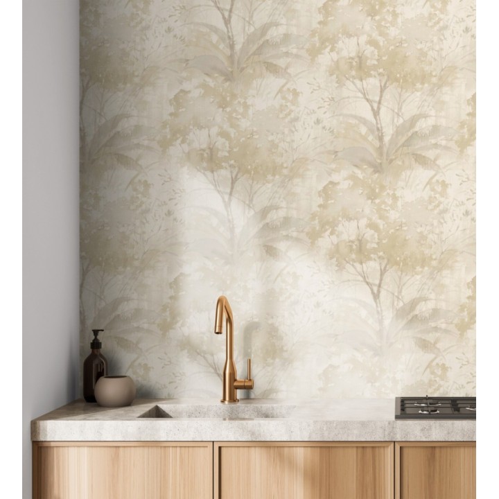 Papel pintado vestigio botánico sepia hojas de acuarela en tonos beige - Sienna Woodland 683937