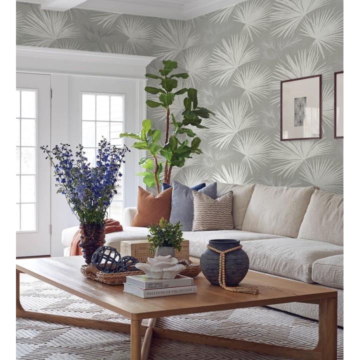 Papel pintado abanico de hojas finas fondo gris - Sloane Leafy 683948