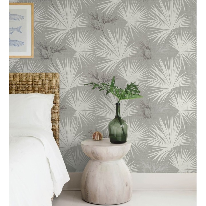 Papel pintado abanico de hojas finas fondo gris - Sloane Leafy 683948