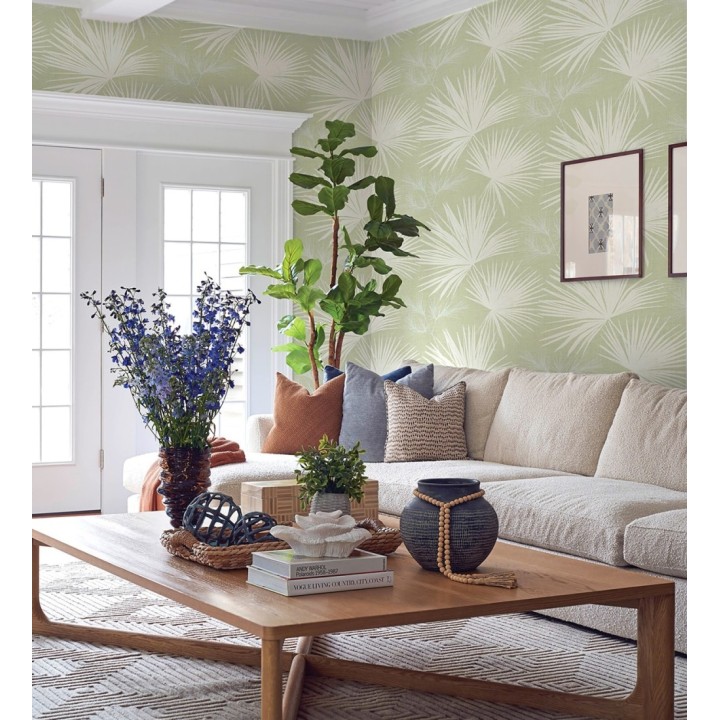 Papel pintado abanico de hojas finas fondo verde - Sloane Leafy 683950