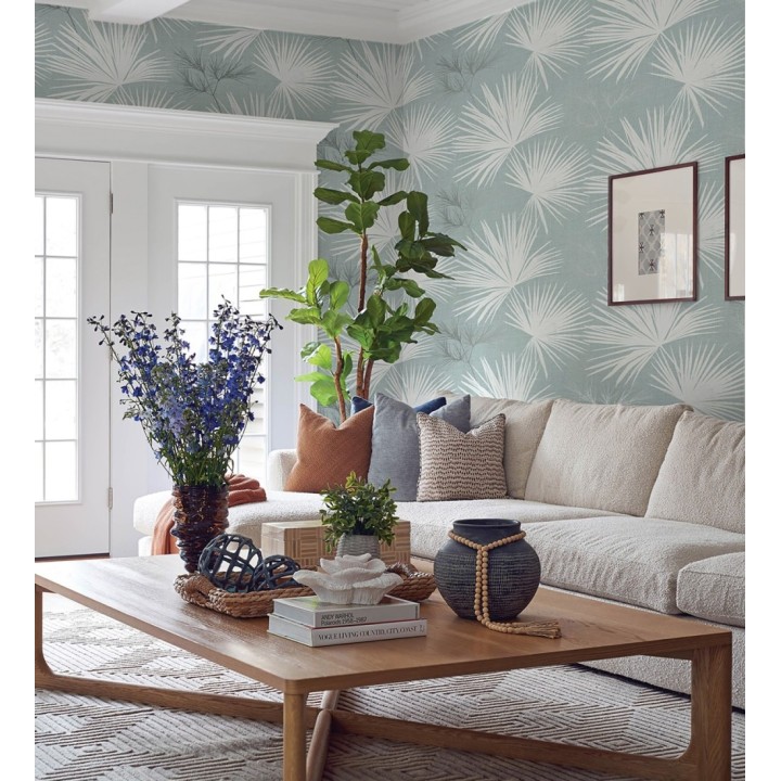 Papel pintado abanico de hojas finas fondo azul - Sloane Leafy 683951