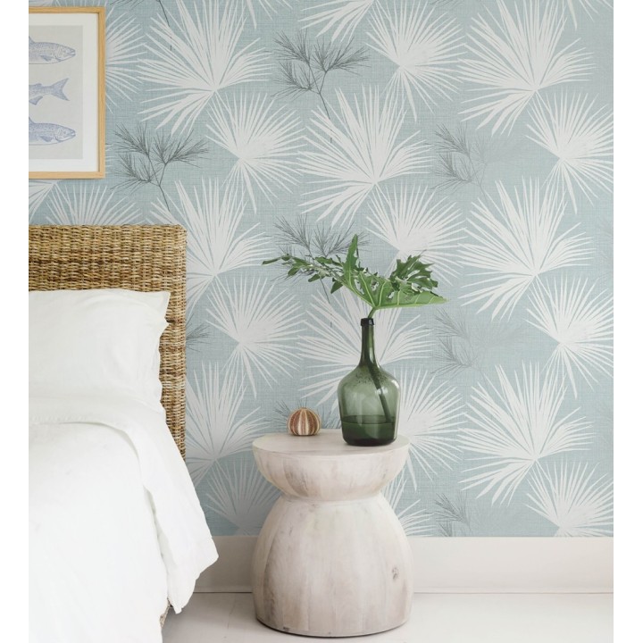 Papel pintado abanico de hojas finas fondo azul - Sloane Leafy 683951