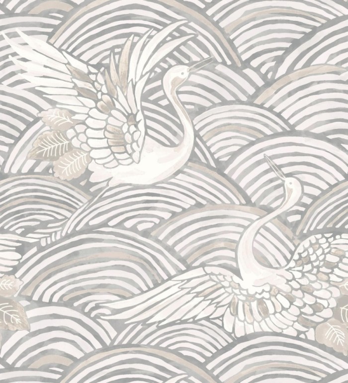 Papel pintado grullas y ondas estilo japonés acuarela tonos grises - Mila Winged 683956