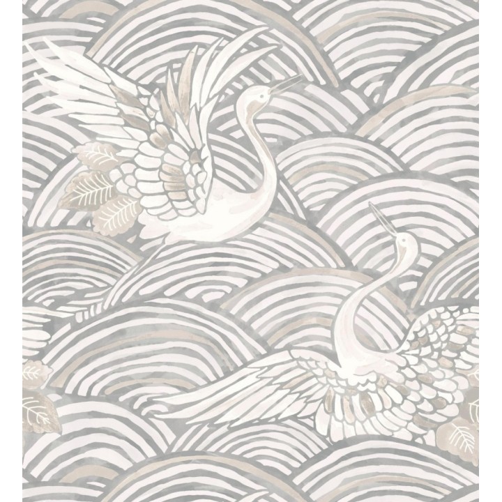 Papel pintado grullas y ondas estilo japonés acuarela tonos grises - Mila Winged 683956