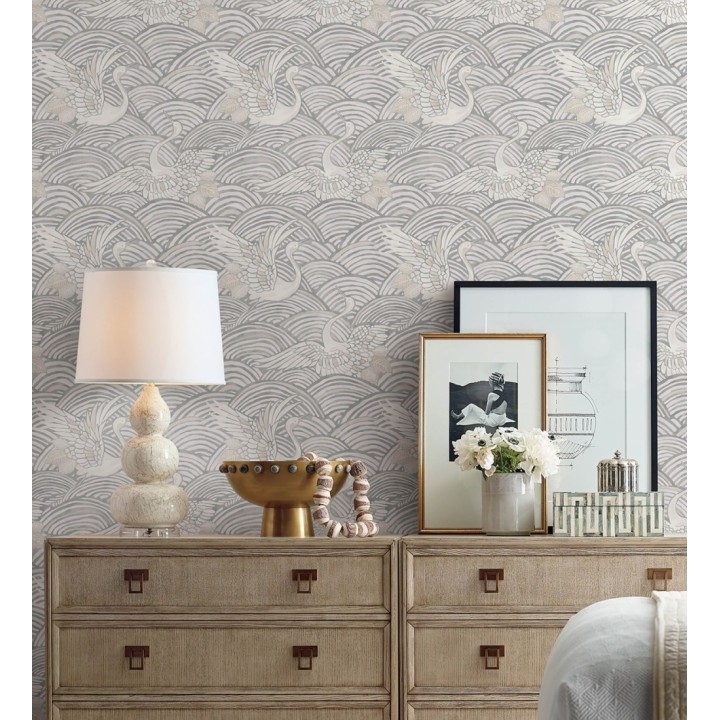 Papel pintado grullas y ondas estilo japonés acuarela tonos grises - Mila Winged 683956