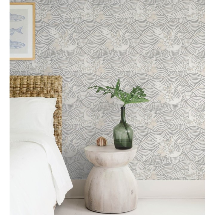 Papel pintado grullas y ondas estilo japonés acuarela tonos grises - Mila Winged 683956