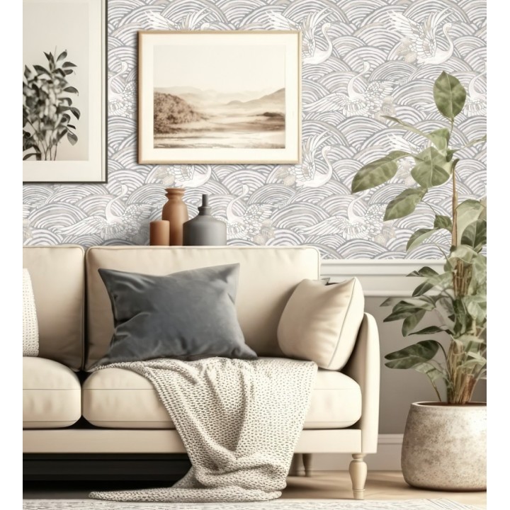 Papel pintado grullas y ondas estilo japonés acuarela tonos grises - Mila Winged 683956