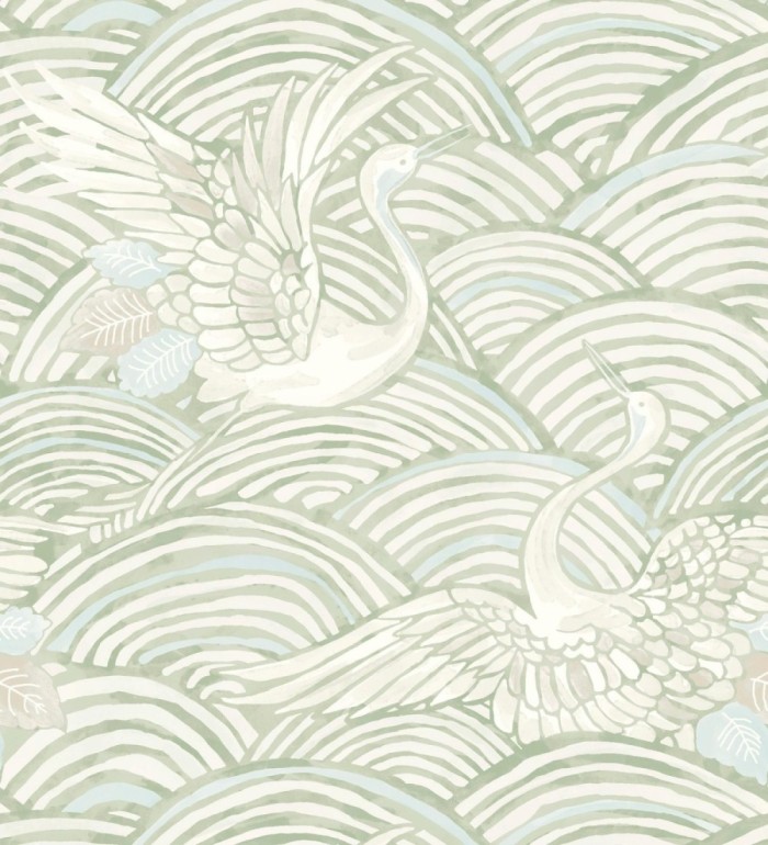 Papel pintado grullas y ondas estilo japonés acuarela tonos verdes - Mila Winged 683957