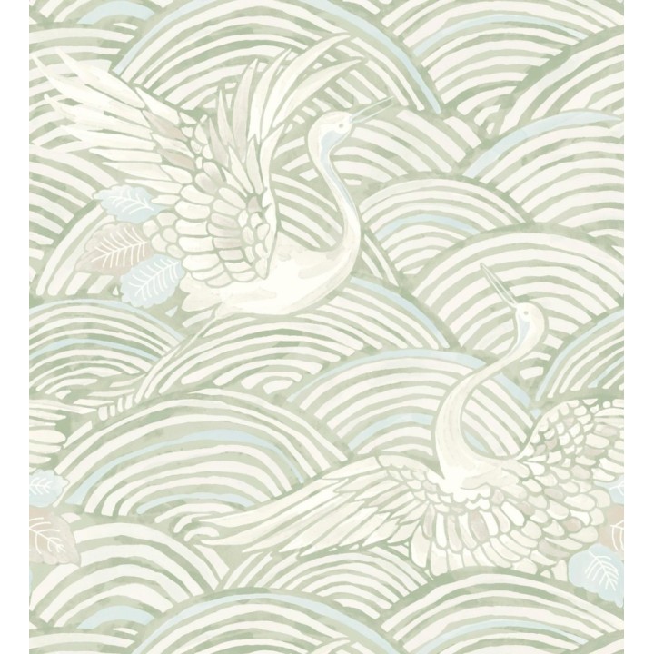 Papel pintado grullas y ondas estilo japonés acuarela tonos verdes - Mila Winged 683957