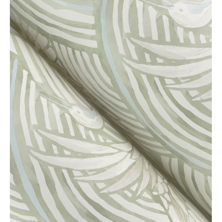 Papel pintado grullas y ondas estilo japonés acuarela tonos verdes - Mila Winged 683957