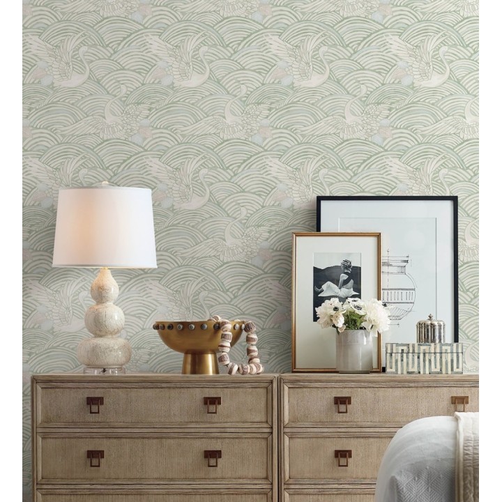 Papel pintado grullas y ondas estilo japonés acuarela tonos verdes - Mila Winged 683957
