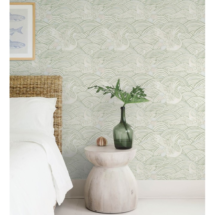 Papel pintado grullas y ondas estilo japonés acuarela tonos verdes - Mila Winged 683957