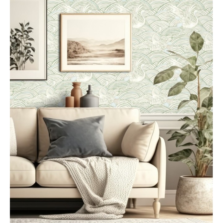Papel pintado grullas y ondas estilo japonés acuarela tonos verdes - Mila Winged 683957
