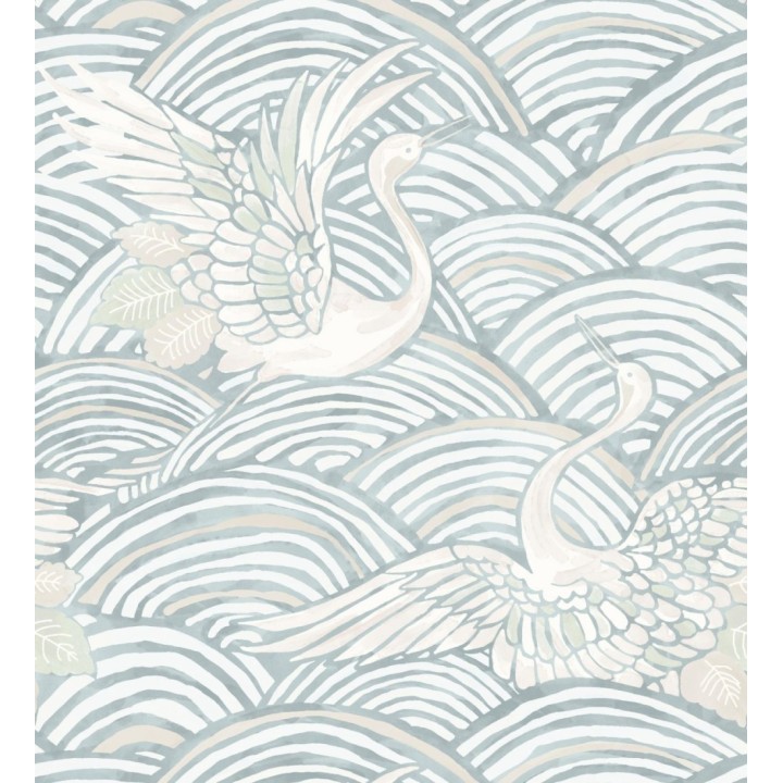 Papel pintado grullas y ondas estilo japonés acuarela tonos azules - Mila Winged 683958