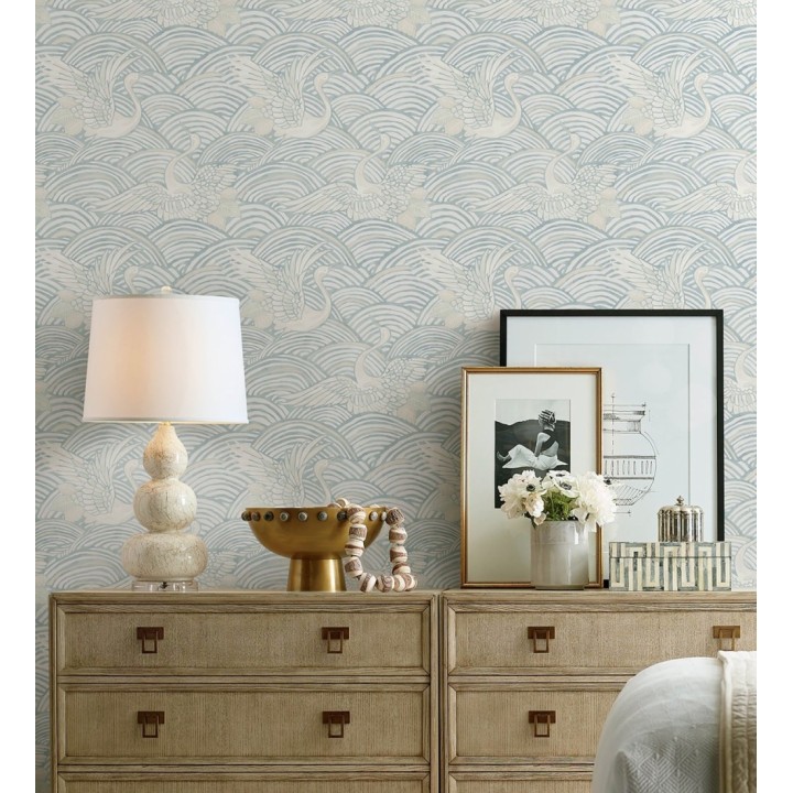 Papel pintado grullas y ondas estilo japonés acuarela tonos azules - Mila Winged 683958