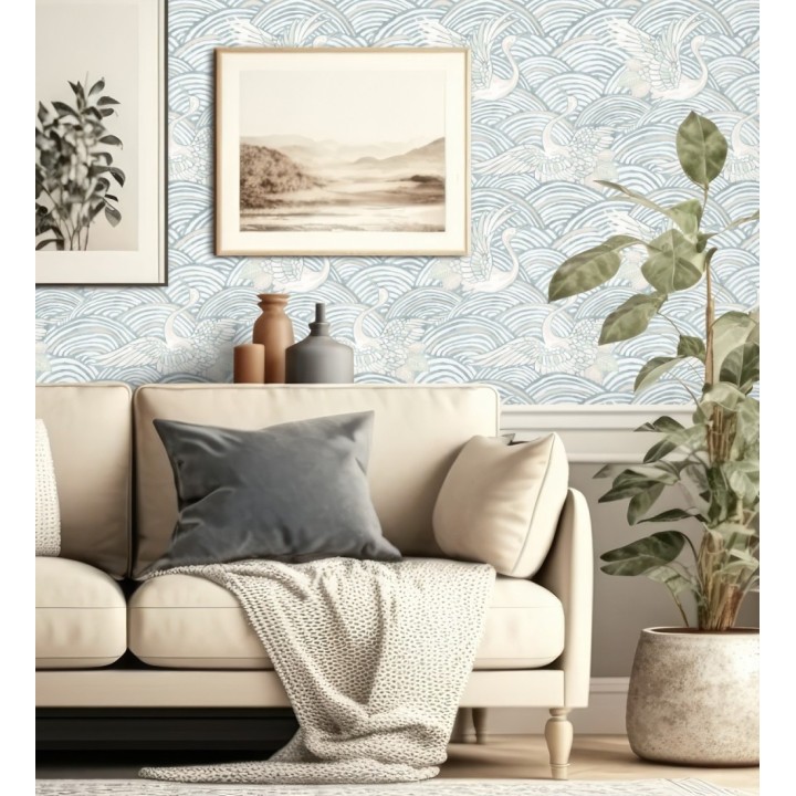 Papel pintado grullas y ondas estilo japonés acuarela tonos azules - Mila Winged 683958