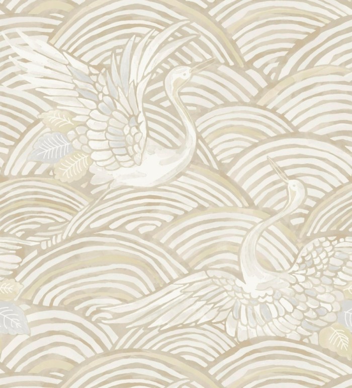 Papel pintado grullas y ondas estilo japonés acuarela tonos beige - Mila Winged 683959