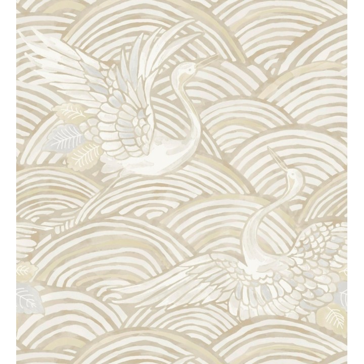 Papel pintado grullas y ondas estilo japonés acuarela tonos beige - Mila Winged 683959