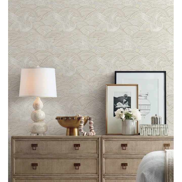 Papel pintado grullas y ondas estilo japonés acuarela tonos beige - Mila Winged 683959