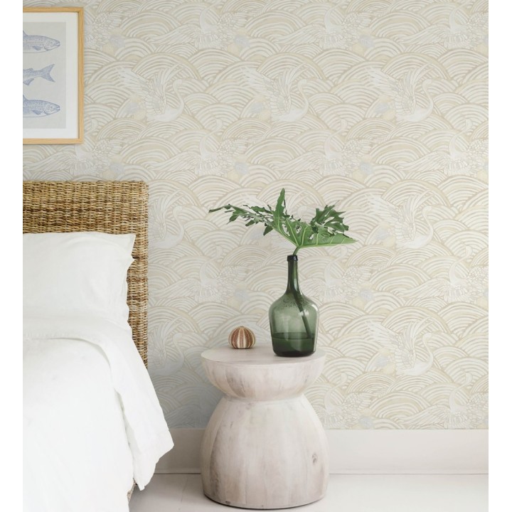 Papel pintado grullas y ondas estilo japonés acuarela tonos beige - Mila Winged 683959