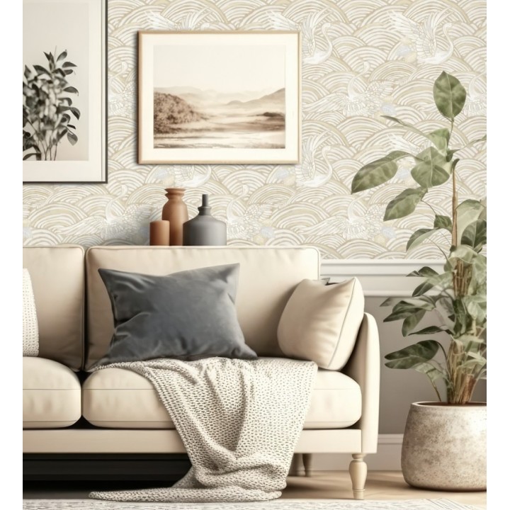 Papel pintado grullas y ondas estilo japonés acuarela tonos beige - Mila Winged 683959