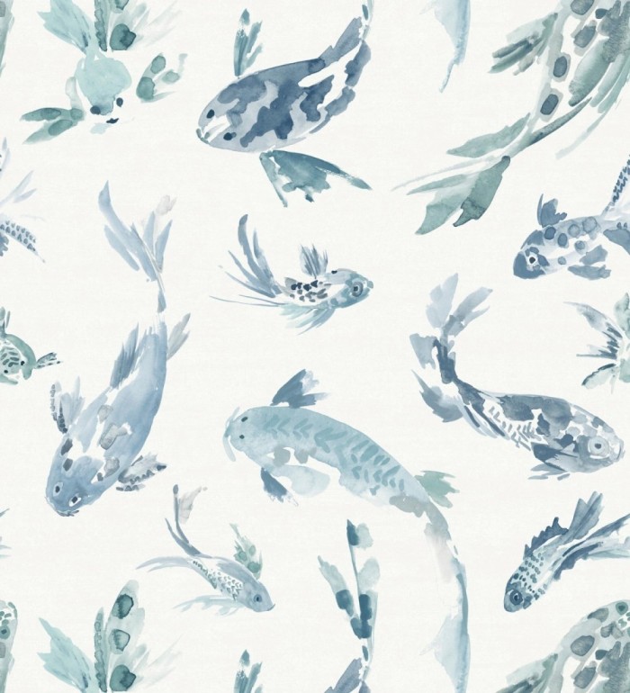 Papel pintado de peces koi tonos azules estilo japonés acuarela - Yoshi Lucky 683960