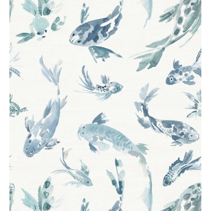 Papel pintado de peces koi tonos azules estilo japonés acuarela - Yoshi Lucky 683960
