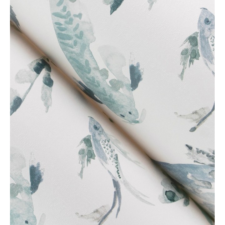 Papel pintado de peces koi tonos azules estilo japonés acuarela - Yoshi Lucky 683960