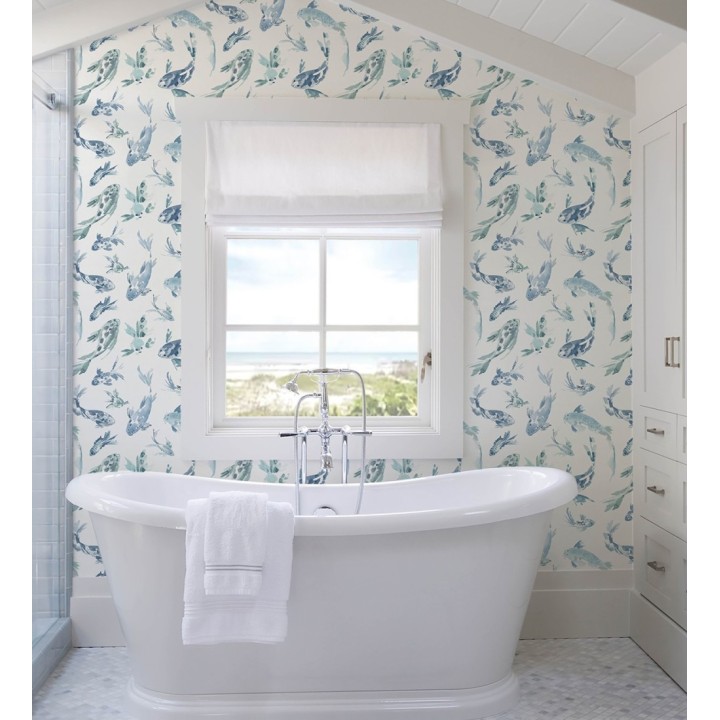 Papel pintado de peces koi tonos azules estilo japonés acuarela - Yoshi Lucky 683960