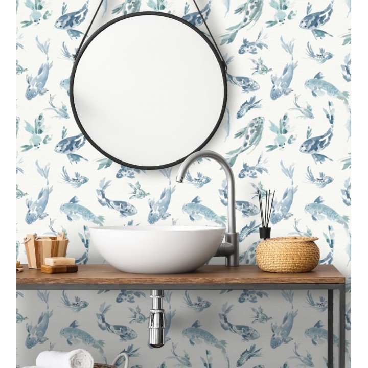 Papel pintado de peces koi tonos azules estilo japonés acuarela - Yoshi Lucky 683960