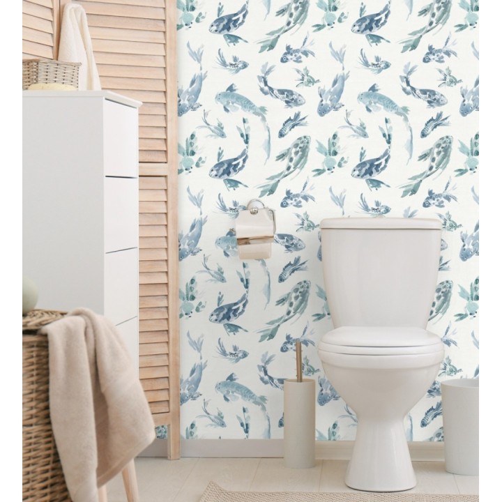 Papel pintado de peces koi tonos azules estilo japonés acuarela - Yoshi Lucky 683960