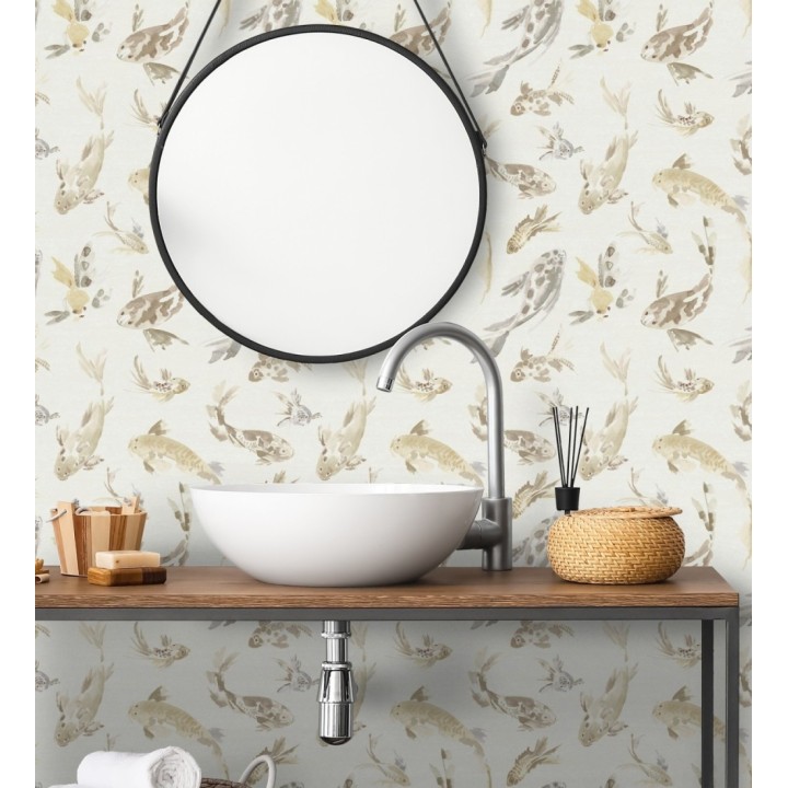 Papel pintado de peces koi tonos beige y estilo japonés fondo nácar - Yoshi Lucky 683961