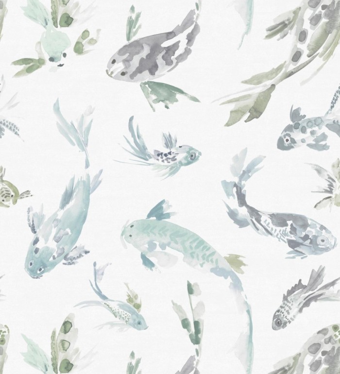 Papel pintado de peces koi tonos verde agua estilo japonés acuarela - Yoshi Lucky 683962