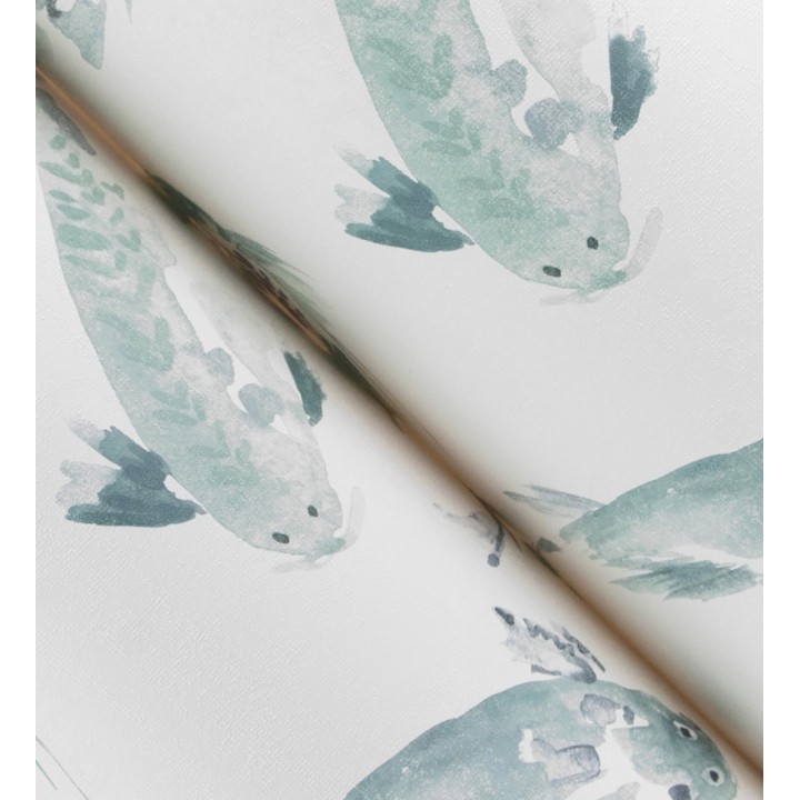Papel pintado de peces koi tonos verde agua estilo japonés acuarela - Yoshi Lucky 683962
