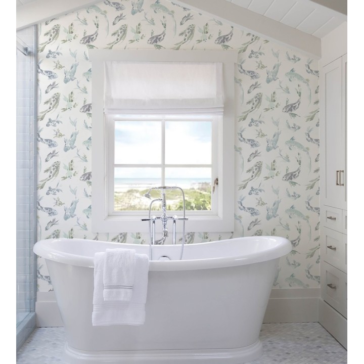 Papel pintado de peces koi tonos verde agua estilo japonés acuarela - Yoshi Lucky 683962