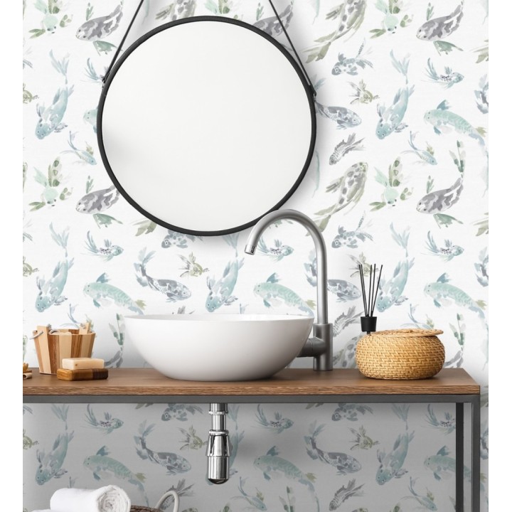 Papel pintado de peces koi tonos verde agua estilo japonés acuarela - Yoshi Lucky 683962