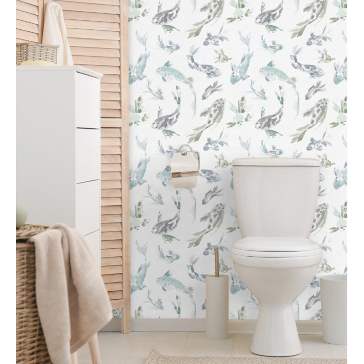 Papel pintado de peces koi tonos verde agua estilo japonés acuarela - Yoshi Lucky 683962