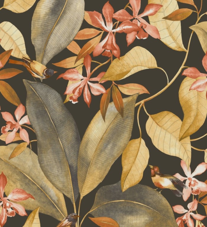 Papel pintado hojas grandes con pájaros - Secret Garden 126400