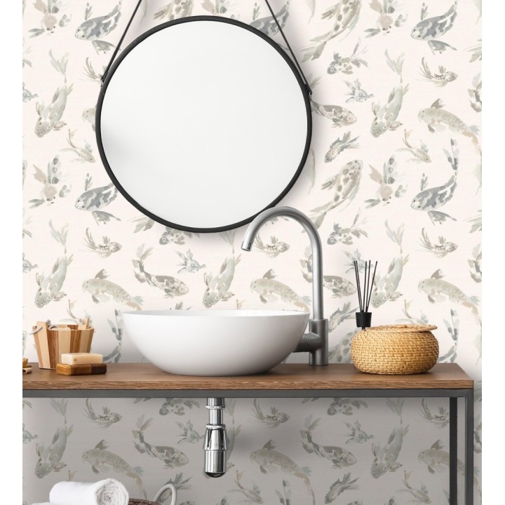 Papel pintado de peces koi tonos grises estilo japonés acuarela - Yoshi Lucky 683963