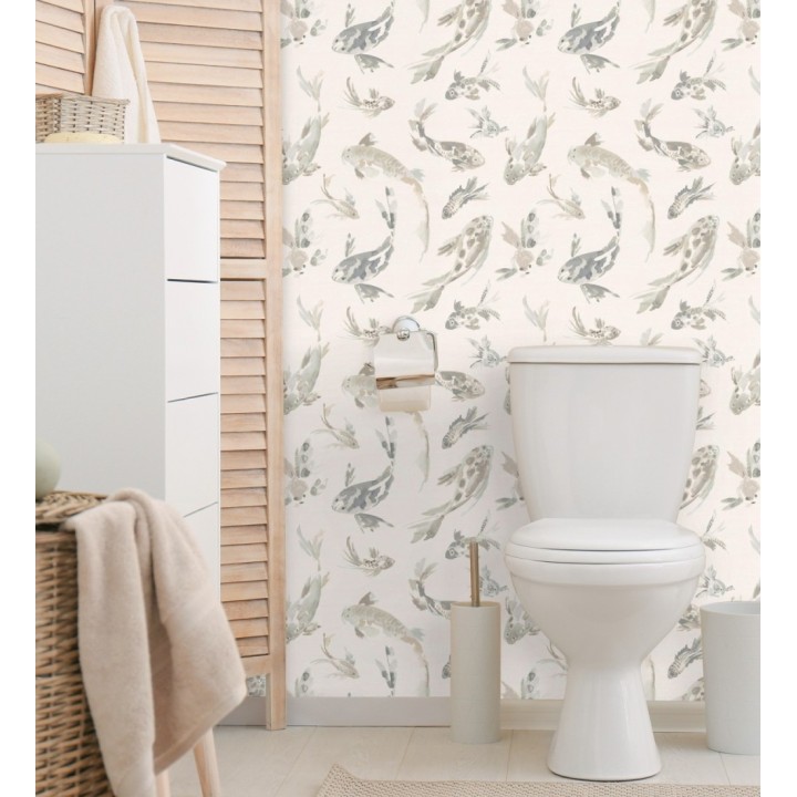 Papel pintado de peces koi tonos grises estilo japonés acuarela - Yoshi Lucky 683963