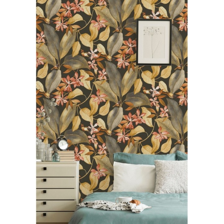 Papel pintado hojas grandes con pájaros - Secret Garden 126400