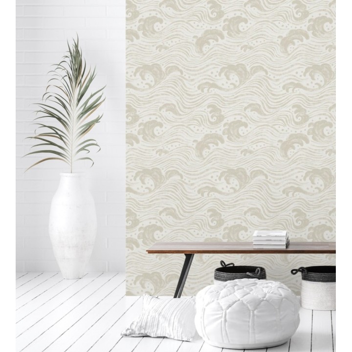 Papel pintado mar de olas rítmicas y espumosas en tonos beige - Kai Oceanic 683968