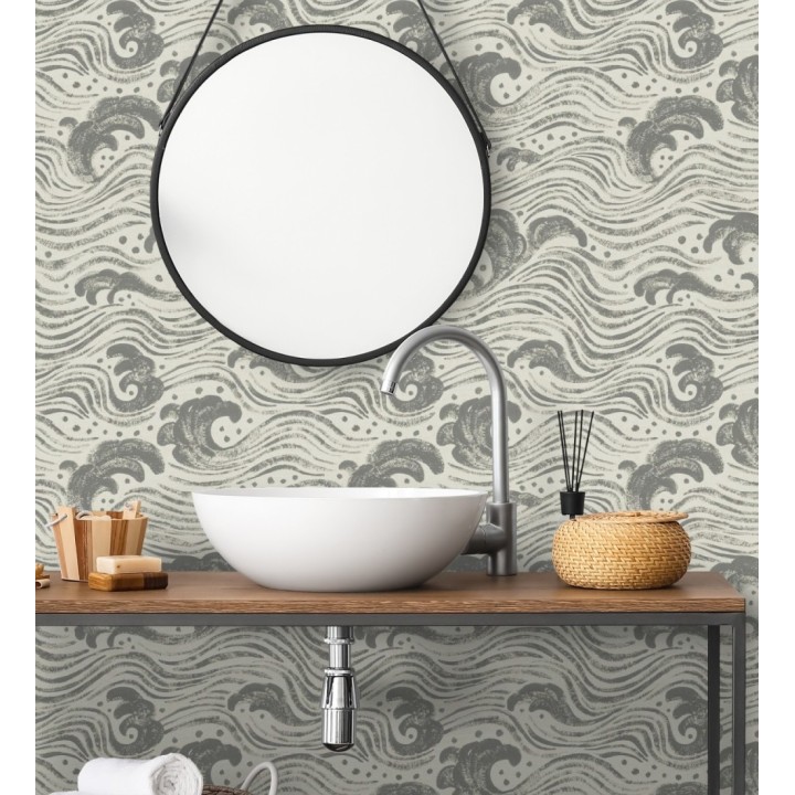 Papel pintado mar de olas rítmicas y espumosas en tonos grises - Kai Oceanic 683970